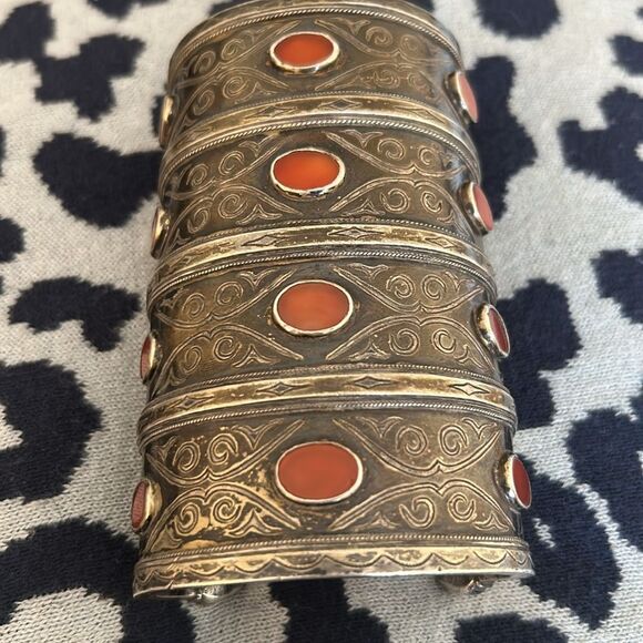 Vintage Style Ornate Cuff Bracelet with Orange Accents - Picture 6 of 7